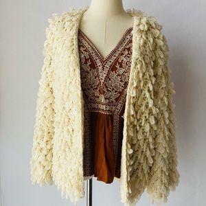 Cream Loop Knit Open Cardigan Sweater